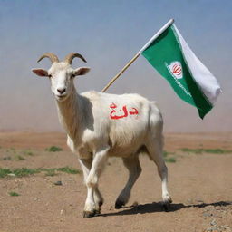 A sturdy goat proudly carrying an Iranian flag on its back, with the words 'GOATIRAN' displayed boldly underneath. The scene suggests strength and unity.