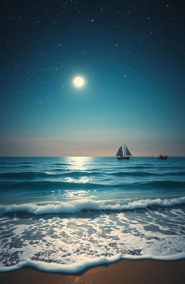 A serene and captivating scene depicting a sea reflecting a starry sky above, creating a dreamy atmosphere