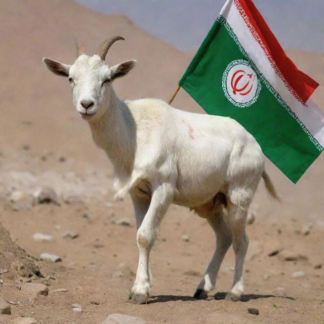 A sturdy goat proudly carrying an Iranian flag on its back, with the words 'GOATIRAN' displayed boldly underneath. The scene suggests strength and unity.