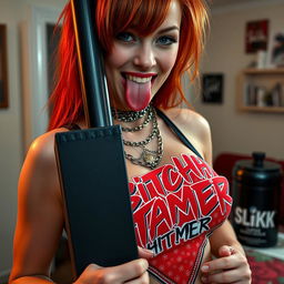 Close-up shot of a sexy female redhead with a large chest, wearing a tank top, adorned with punk chains