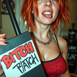 Close-up shot of a sexy female redhead with a large chest, wearing a tank top, adorned with punk chains