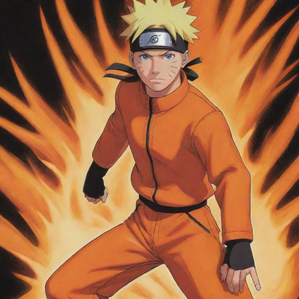 Vivid, detailed illustration of Naruto Uzumaki from Naruto Shippuden, showcasing his fiery orange jumpsuit, spikey blonde hair, and iconic headband.