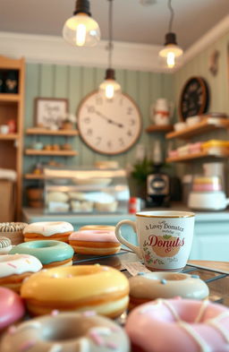 A charming donut shop featuring a visually appealing display of colorful donuts in the foreground