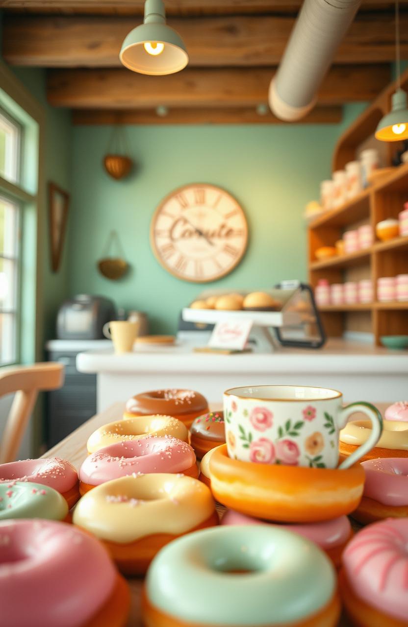 A charming donut shop featuring a visually appealing display of colorful donuts in the foreground