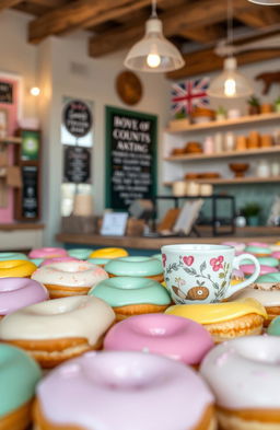 A charming donut shop featuring a visually appealing display of colorful donuts in the foreground