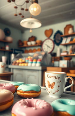 A charming donut shop featuring a visually appealing display of colorful donuts in the foreground