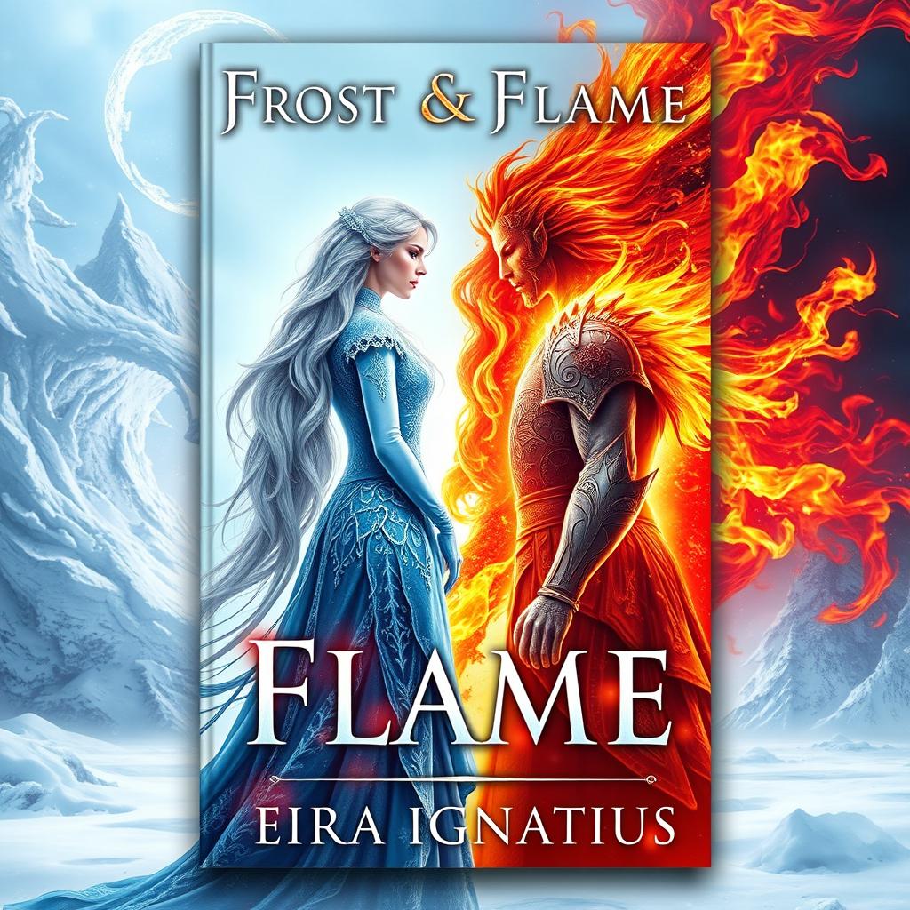 A captivating book cover design for 'Frost & Flame' by Eira Ignatius, featuring an ice queen with long, flowing silver hair, wearing an elegant, shimmering icy blue gown adorned with frost patterns