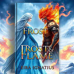 A captivating book cover design for 'Frost & Flame' by Eira Ignatius, featuring an ice queen with long, flowing silver hair, wearing an elegant, shimmering icy blue gown adorned with frost patterns