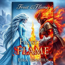 A captivating book cover design for 'Frost & Flame' by Eira Ignatius, featuring an ice queen with long, flowing silver hair, wearing an elegant, shimmering icy blue gown adorned with frost patterns