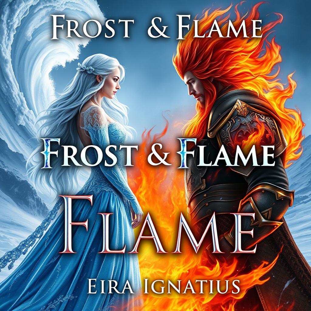 A captivating book cover design for 'Frost & Flame' by Eira Ignatius, featuring an ice queen with long, flowing silver hair, wearing an elegant, shimmering icy blue gown adorned with frost patterns