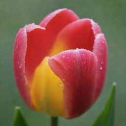 A vibrant, radiant tulip in full bloom, drenched in soft light, with dewdrops glistening on its soft petals.