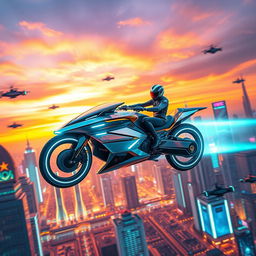 A stunning futuristic flying bike soaring through a vibrant cityscape filled with neon lights and sleek architecture