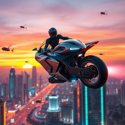 A stunning futuristic flying bike soaring through a vibrant cityscape filled with neon lights and sleek architecture