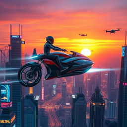 A stunning futuristic flying bike soaring through a vibrant cityscape filled with neon lights and sleek architecture