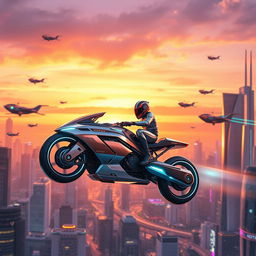 A stunning futuristic flying bike soaring through a vibrant cityscape filled with neon lights and sleek architecture