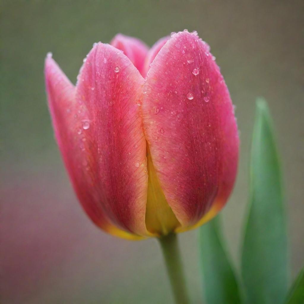 A vibrant, radiant tulip in full bloom, drenched in soft light, with dewdrops glistening on its soft petals.