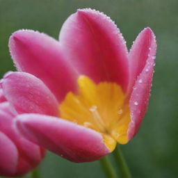 A vibrant, radiant tulip in full bloom, drenched in soft light, with dewdrops glistening on its soft petals.