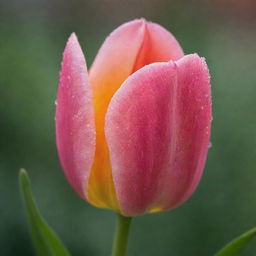 A vibrant, radiant tulip in full bloom, drenched in soft light, with dewdrops glistening on its soft petals.