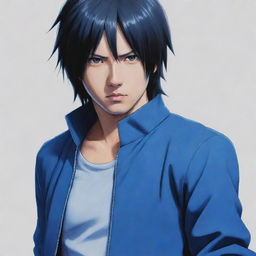 Detailed, dynamic illustration of Sasuke Uchiha from Naruto Shippuden, highlighting his black hair, distinct blue outfit, and Sharingan eyes.