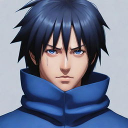 Detailed, dynamic illustration of Sasuke Uchiha from Naruto Shippuden, highlighting his black hair, distinct blue outfit, and Sharingan eyes.