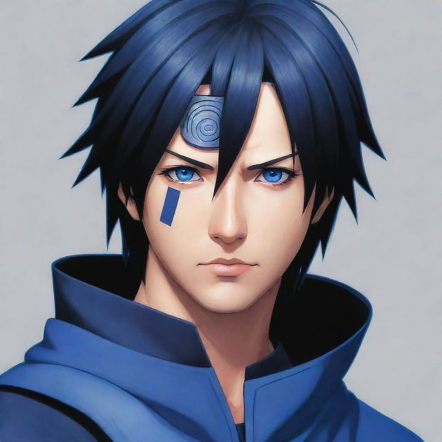 Detailed, dynamic illustration of Sasuke Uchiha from Naruto Shippuden, highlighting his black hair, distinct blue outfit, and Sharingan eyes.