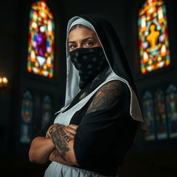 A nun with a striking tattoo on her arm, wearing a black bandana mask covering her face