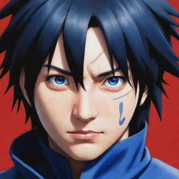 Detailed, dynamic illustration of Sasuke Uchiha from Naruto Shippuden, highlighting his black hair, distinct blue outfit, and Sharingan eyes.