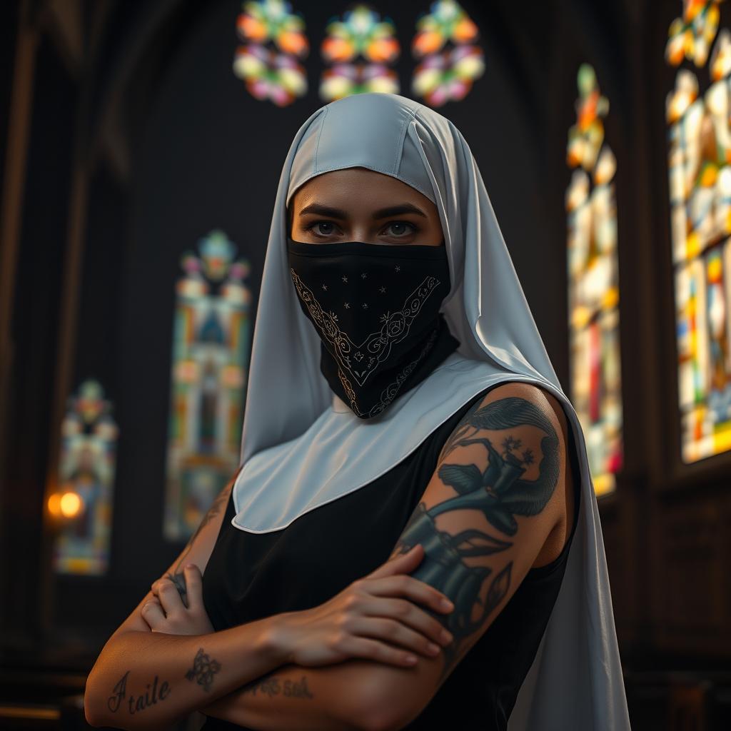 A nun with a striking tattoo on her arm, wearing a black bandana mask covering her face