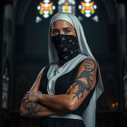 A nun with a striking tattoo on her arm, wearing a black bandana mask covering her face