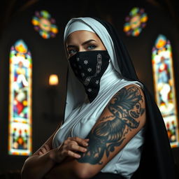 A nun with a striking tattoo on her arm, wearing a black bandana mask covering her face