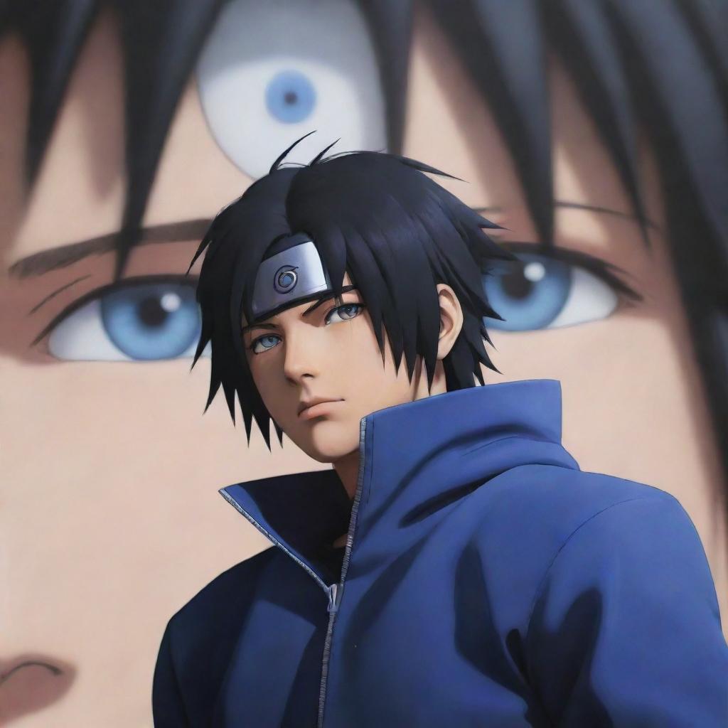 Detailed depiction of Sasuke Uchiha from Naruto Shippuden using his unique Rinnegan eye ability, complimented by his black hair and blue outfit.