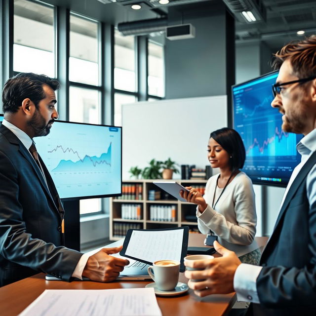 A professional and informative equity analysis scene inside a modern financial office