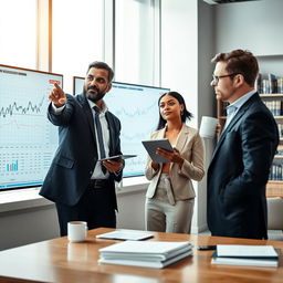 A professional and informative equity analysis scene inside a modern financial office