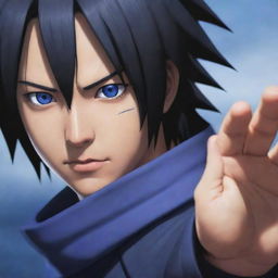 Detailed depiction of Sasuke Uchiha from Naruto Shippuden using his unique Rinnegan eye ability, complimented by his black hair and blue outfit.