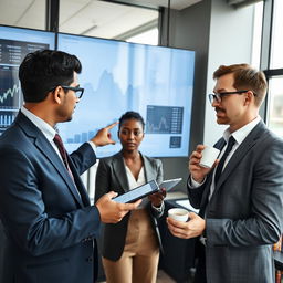 A professional and informative equity analysis scene inside a modern financial office