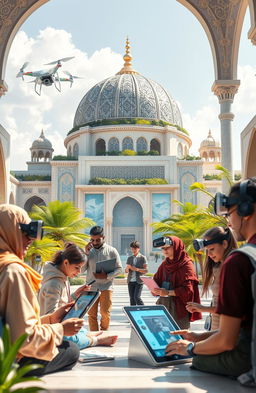 A futuristic scene depicting the concept of an Islamic education foundation thriving in the digital era