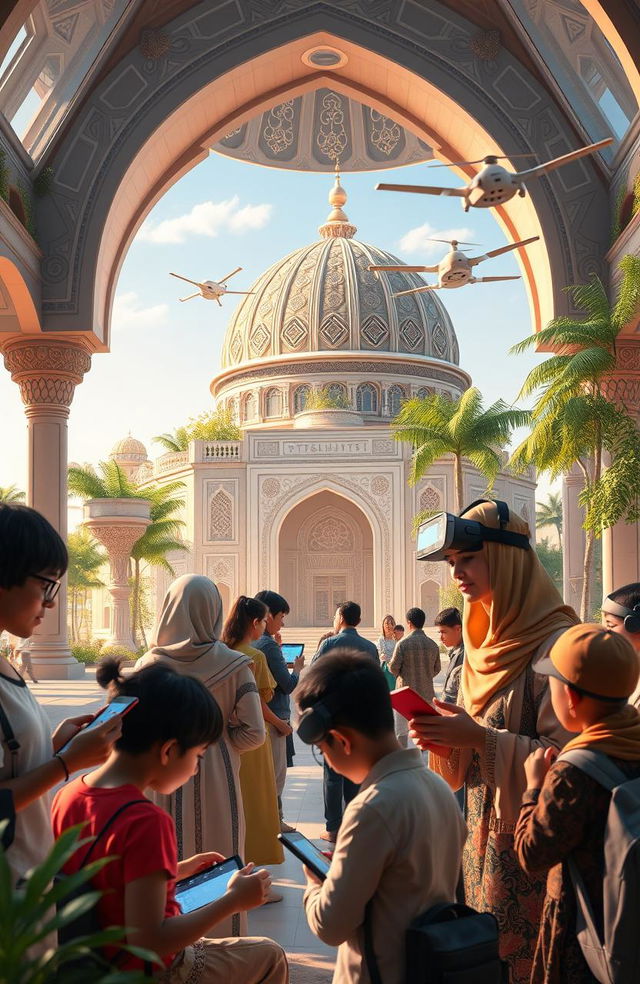 A futuristic scene depicting the concept of an Islamic education foundation thriving in the digital era