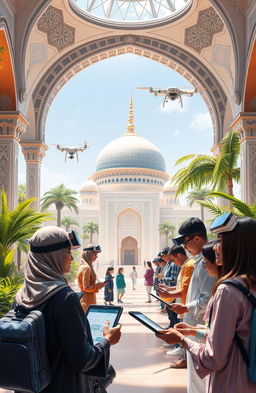 A futuristic scene depicting the concept of an Islamic education foundation thriving in the digital era