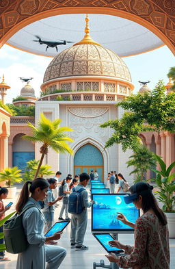 A futuristic scene depicting the concept of an Islamic education foundation thriving in the digital era