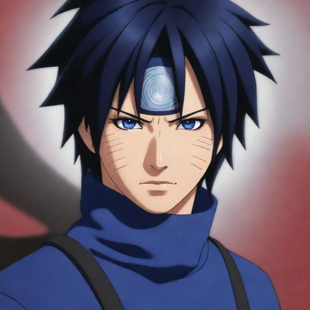 Detailed depiction of Sasuke Uchiha from Naruto Shippuden using his unique Rinnegan eye ability, complimented by his black hair and blue outfit.