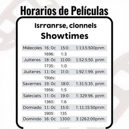 A professional and visually appealing schedule banner for a movie theater display, showcasing movie showtimes