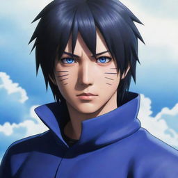 Detailed depiction of Sasuke Uchiha from Naruto Shippuden using his unique Rinnegan eye ability, complimented by his black hair and blue outfit.