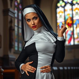 A sexy nun in a playful pose, wearing a traditional black and white habit that is slightly form-fitting to accentuate her figure