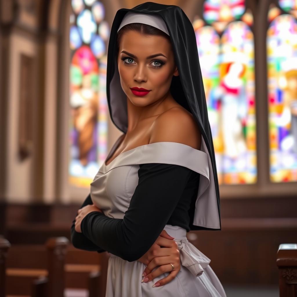 A sexy nun in a playful pose, wearing a traditional black and white habit that is slightly form-fitting to accentuate her figure