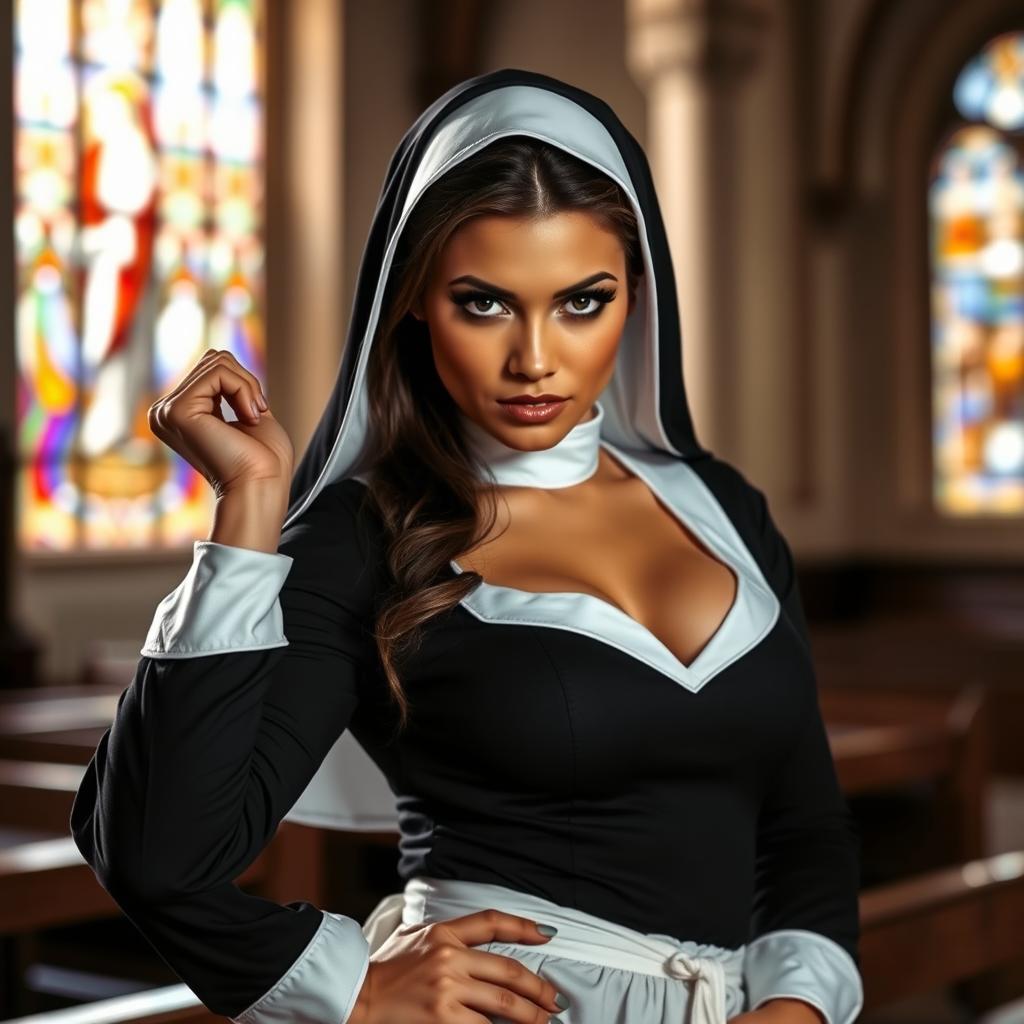 A sexy nun in a playful pose, wearing a traditional black and white habit that is slightly form-fitting to accentuate her figure