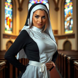 A sexy nun in a playful pose, wearing a traditional black and white habit that is slightly form-fitting to accentuate her figure