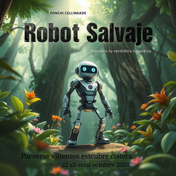 Un cartel creativo para una película animada titulada 'Robot Salvaje', que muestra a un robot futurista de pie en un bosque exuberante rodeado de vida salvaje vibrante