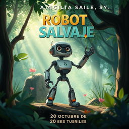 Un cartel creativo para una película animada titulada 'Robot Salvaje', que muestra a un robot futurista de pie en un bosque exuberante rodeado de vida salvaje vibrante