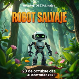 Un cartel creativo para una película animada titulada 'Robot Salvaje', que muestra a un robot futurista de pie en un bosque exuberante rodeado de vida salvaje vibrante