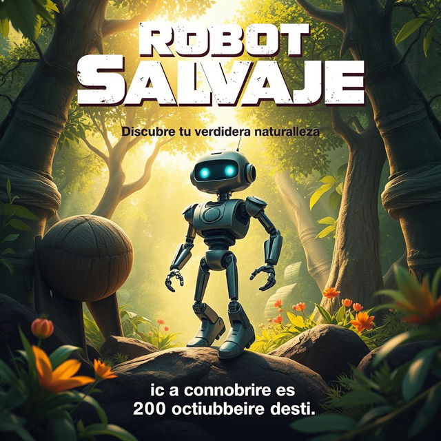 Un cartel creativo para una película animada titulada 'Robot Salvaje', que muestra a un robot futurista de pie en un bosque exuberante rodeado de vida salvaje vibrante